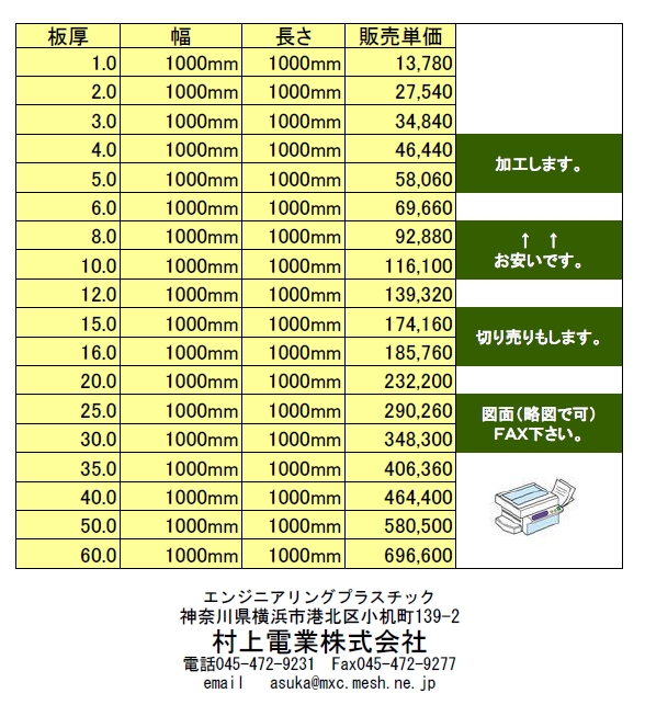 エポキシガラス（黒色）板（積層板・規格品）の販売価格表 20180703