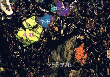 富士山の溶岩（玄武岩）の偏光顕微鏡写真